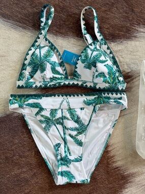 White Bikini with Green Palm Print size small